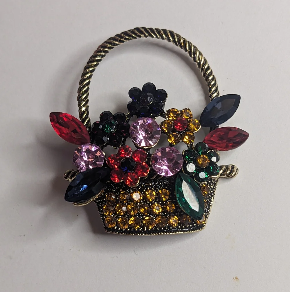 Vintage Multicolor Rhinestone Flower‎ Basket Brooch